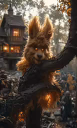 a cute fuzzy dog sitting on top of a tree branch