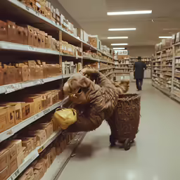 the dog is trying to carry a bin in a store