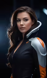 a woman in leather clothes standing on a dark background