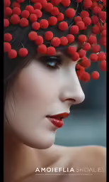 a young woman in red and black with long, black hair is wearing a flowery hat