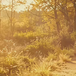 the sun shines on a tree and grass covered trail