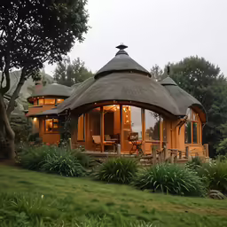 a small round wooden cabin in a field
