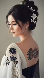 a woman with black and white floral tattoo on her arms