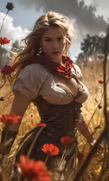 a girl standing in the middle of a field of wild flowers