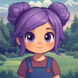 a cartoon image with purple hair and brown top