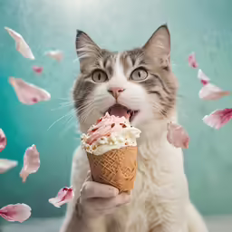 a white and grey cat eating an ice cream cone