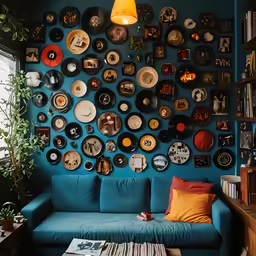 the living room is blue with a lot of bowls hanging on the wall