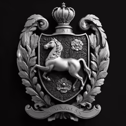a black and white image of a horse on a shield