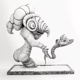 a statue of a snake with large eyes and long legs