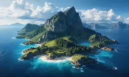 an island with blue water and green land, surrounded by mountains