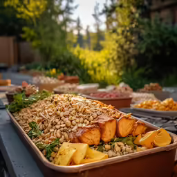 a buffet dish set out with many different dishes of food