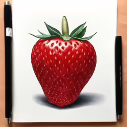 a drawing of a strawberry with the stem showing