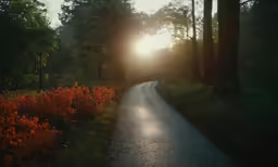 the sun shining through a forest onto a road