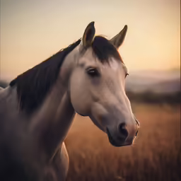 a horse with dark mane standing in a field