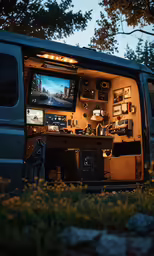 the back end of an open van with various electronics in it