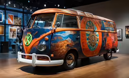 an old, painted, camper van on display in a museum