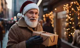 a man walking down the street with a christmas hat on holding a box