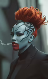 a person with red hair in a suit and make up