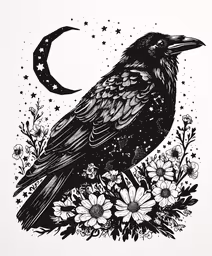 a bird is sitting on a flower and the moon,a black crow perched on a flower bush in the night