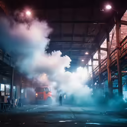 a group of people stand in front of large smoke engines