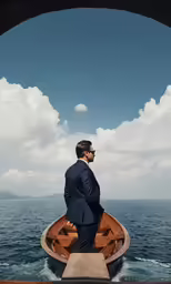 a man standing in a rowboat looking over the water
