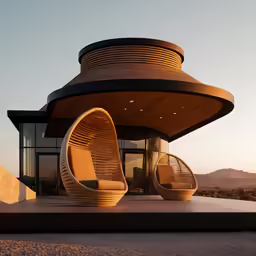 the modern architecture is designed and has large round chairs