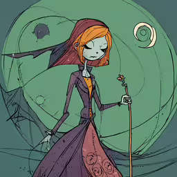 a cartoon character is dressed in purple and blue,a woman with an umbrella standing next to a full moon