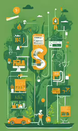 the illustrated image of a green and orange background with symbols,the flow diagram in which there is an electronic device on top of a car
