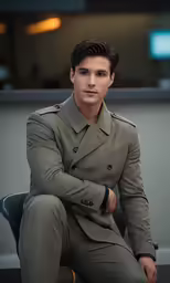 a young man in army uniform sitting down