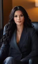 woman sitting down in a chair, looking at the camera