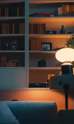 a room with a book shelf, shelves, lamps and some decorations