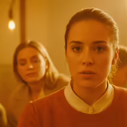 a woman sitting in a room with another woman looking on