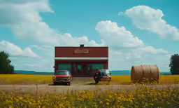 two pickups are parked in a field with bales of hay