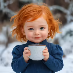 red headed toddler holding white cup with snow and pine trees
