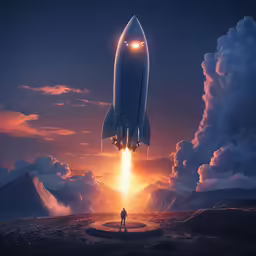 a man standing under a space shuttle going into the sky
