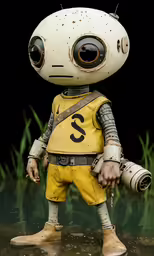 a strange looking, dirty little figure wearing some dirty clothes