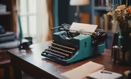 an old - fashioned blue typewriter sits on a desk next to flowers and a notepad