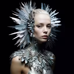 a woman with silver feathers on her head, wearing white clothes