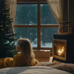 the girl sits on the bed near the fireplace, and looks out the window