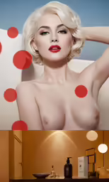 a naked woman with large breasts and red circles