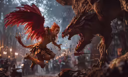 a fantasy scene with a person attacking two dragon