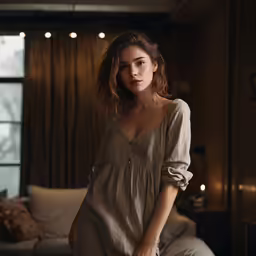 woman in light brown dress standing by window