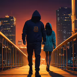a couple walks across a bridge over a city skyline,two people in coats are walking down a bridge