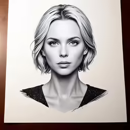 a black and white drawing of a female with a serious expression