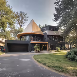 a large modern house with a curved driveway
