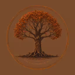 an orange and white tree in a circular design,a tree is growing out of the ground