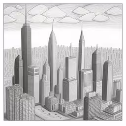 a drawing of city buildings and skyscrapers,pencil drawing of the view from above of a skyscraper