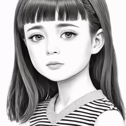 a young girl with bangs wearing striped shirt and necklace