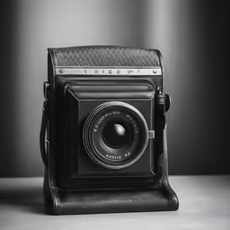 a vintage camera on the ground, with a small piece of cloth