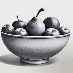 a bowl of pears is sitting in the middle of a white photo